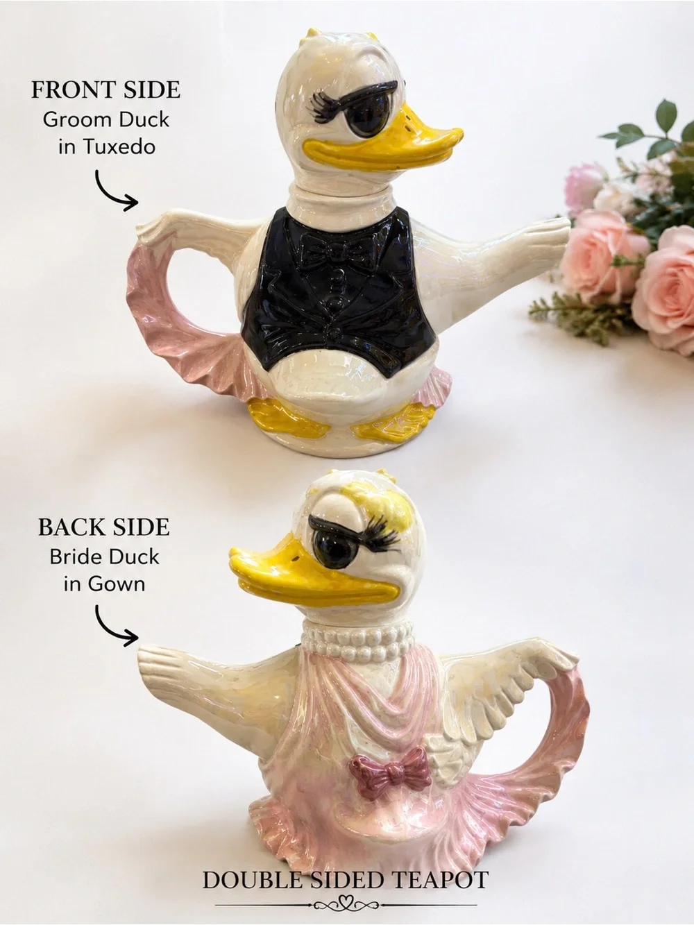Vintage Double Sided Bride & Groom Duck Ceramic Teapot Wedding Duck Lover Gift